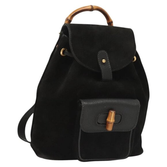 GUCCI Bamboo Backpack Suede Black Gold 003 - Picture 1 of 16